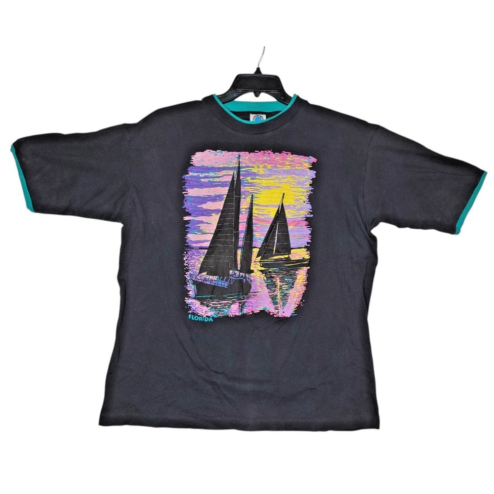 Vintage Single Stitch Action Florida Neon Graphic Tee Wave Action 80s Trendy XL‎